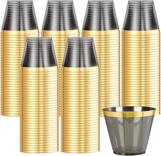 supernal 200 Pcs Gold and Black Plastic Cups,9Oz Gold Rimmed Disposable Cups,Heavy-Duty Plastic Cocktail Glasses for Party,Fancy Party Cups,Perfect for Christmas,Holiday,Birthday Party Events