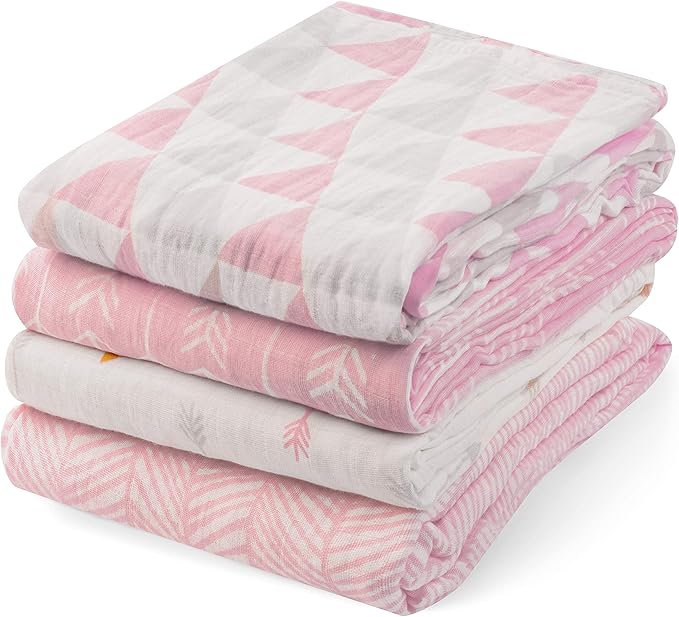 Muslin Swaddle Blankets – Soft Pure Cotton Muslin Blankets – 4 Pack of Breathable Swaddle Blankets – Unisex Baby Swaddle Blanket in Pink Designs – Multi Use Muslin Blankets – 47 x 47 inches