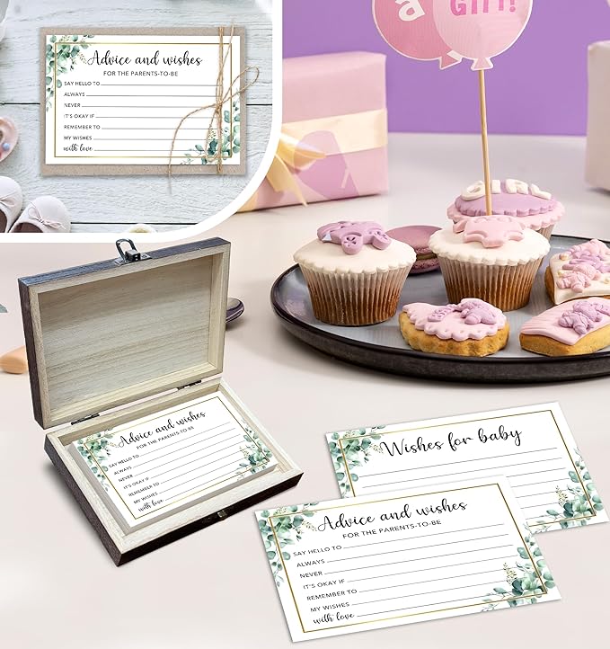 Baby Shower Advice and Wishes Cards for The Parents To Be, 50Pcs Advice Cards With Box for Baby Shower Games Party Decorations, Wishes for New Parents Mommy & Daddy(Greenery) -A03