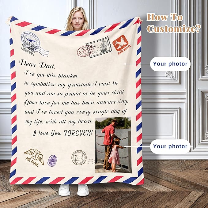 Personalized Fathers Day Birthday for Dad Custom Throw Blanket with Pictures, Customized Photo Blankets Gift for Daddy Men Grandpa Husband from Daughter Son Kids Wife (dad Letter)