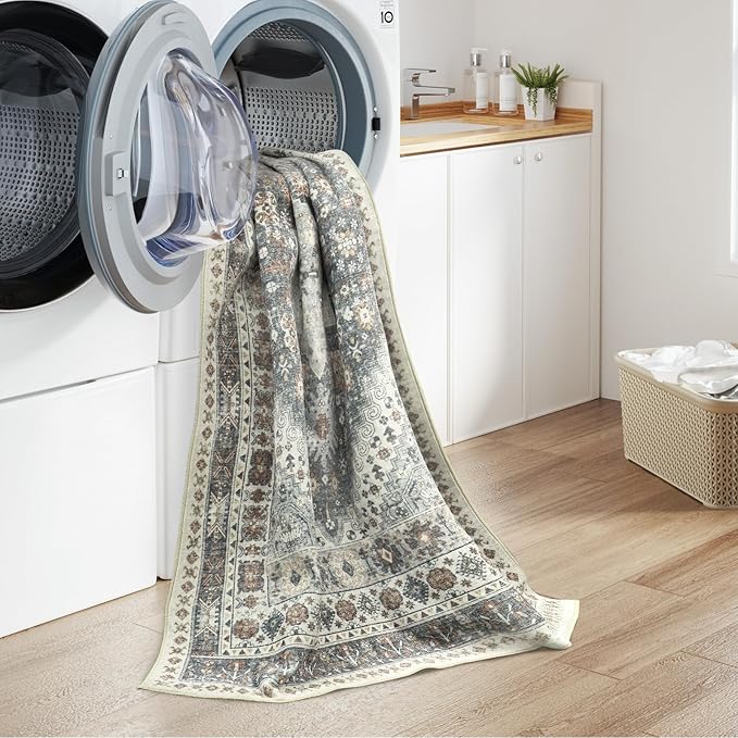 zesthome 8x10 Area Rugs for Living Room,Non-Slip Backing Washable Rugs,Vintage Large Area Rug，Stain Resistant Home Decor Rug (Grey/Orange,8'x10')