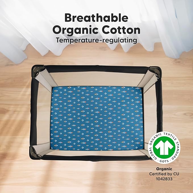 2-Pack Mini Crib Sheets Fitted - 38x26 Pack N Play Sheets for Pack and Play Mattress, Organic Cotton, Soft & Breathable Playard Bedding, Neutral Mini Toddler Bed Cover for Boys, Girls (Space Quest)
