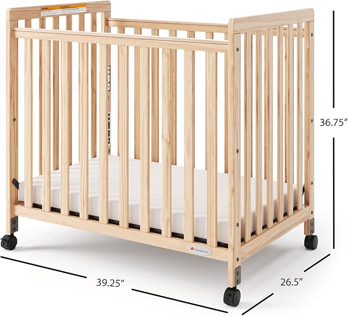 Foundations SafetyCraft Compact Slatted Daycare Crib, Durable Wood Construction, Non-Marking Casters (2 Locking), Includes 3” InfaPure Foam Mattress (Natural)