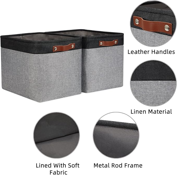 HNZIGE Large Storage Baskets Fabric Cloth Tall Baskets for Shelves[2 Pack] Foldable Organizer Bins 16" X 11.8" X 11.8" Decorative Storage Basket Black Storage Bin for Organizing Closet Toy(Black&Gray)