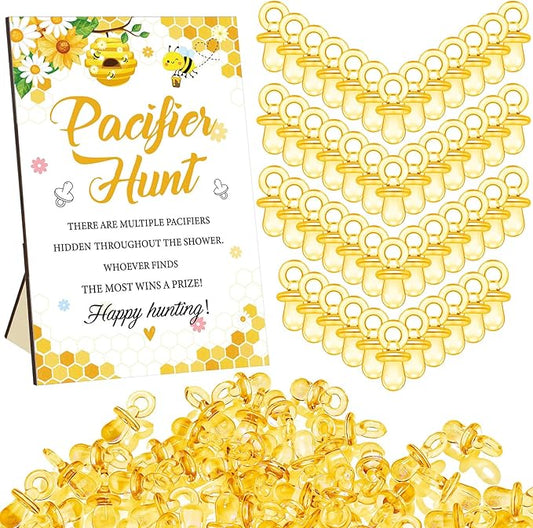 Thyle 51 Pcs Pacifier Hunt Baby Shower Games Include Hunt Sign and 50 Acrylic Pacifiers for Baby Shower Game Decoration Gift Sets Gender Reveal Party Decor(Bee)