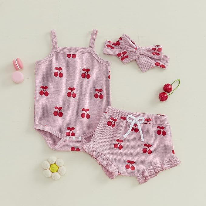 Kaipiclos Cherry Baby Outfit Newborn Infant Girl Clothes Rib Knit Romper & Shorts Waffled Baby Clothes for Girls 0 3 6 12 18M