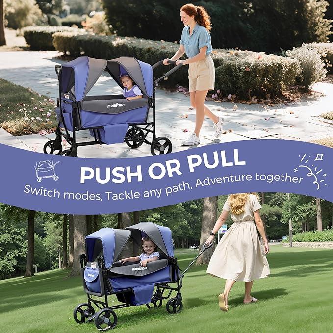 Stroller Wagon for 2 Kids,Foldable Wagon Stroller with Canopy, All-Terrain Parent Organizer, Adjustable Handle & Pull Bar Baby Wagon for Infants and Toddlers, Lavender Blue
