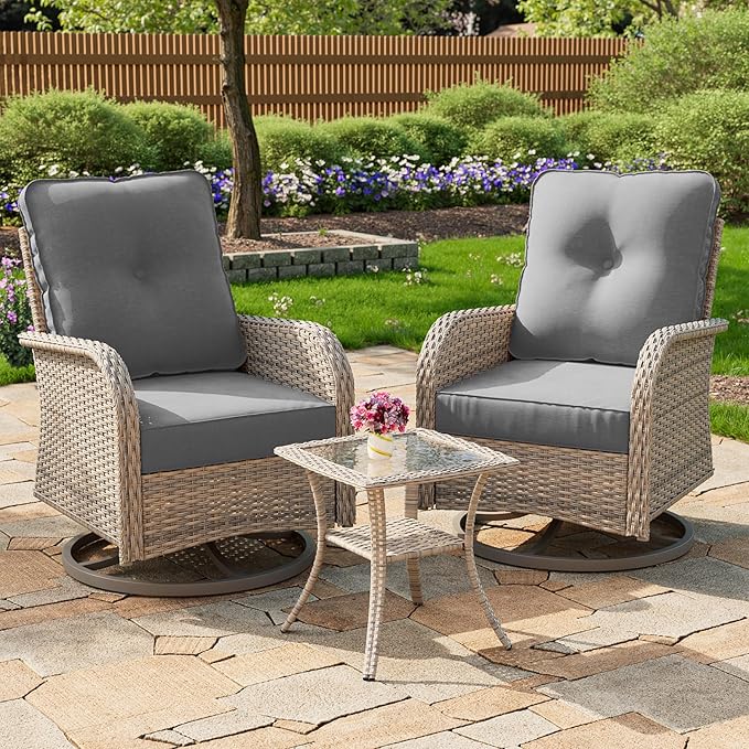 3-Piece Small Patio Furniture Set, Outdoor Swivel Rocking Chairs Set with Wicker Chairs and Tempered Glass Side Table, Outdoor Furniture Patio Bistro Set for Balcony, Deck, Porch