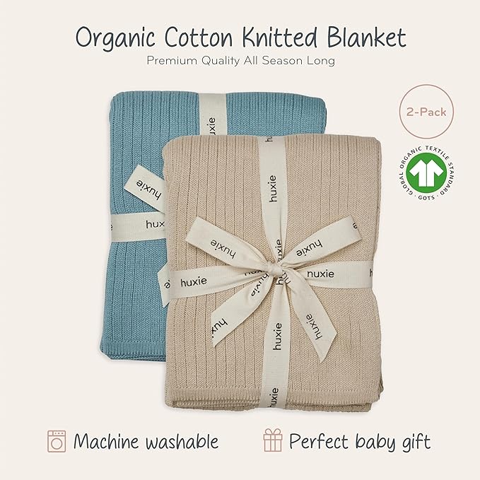 Knitted Organic Cotton Baby Blanket- Swaddle Blanket, 30" x 40" Soft Receiving Blanket for Newborn 2-Pack (Fog and Polar Blue)