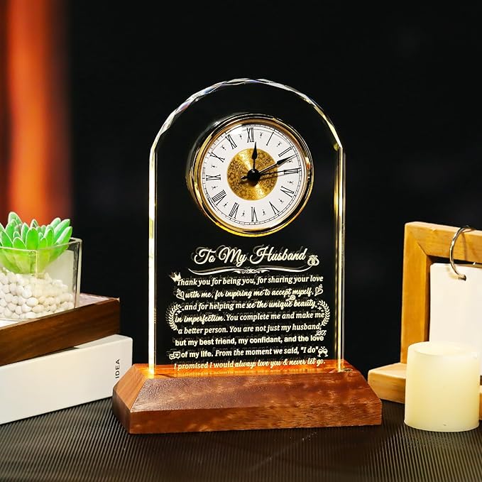 Glass Clock Gifts for Husband from Wife with Wooden Light Base, Personalized Gift for Husband Who Has Everything on Birthday Anniversary, Presents for Him on Christmas Home Desk Clock