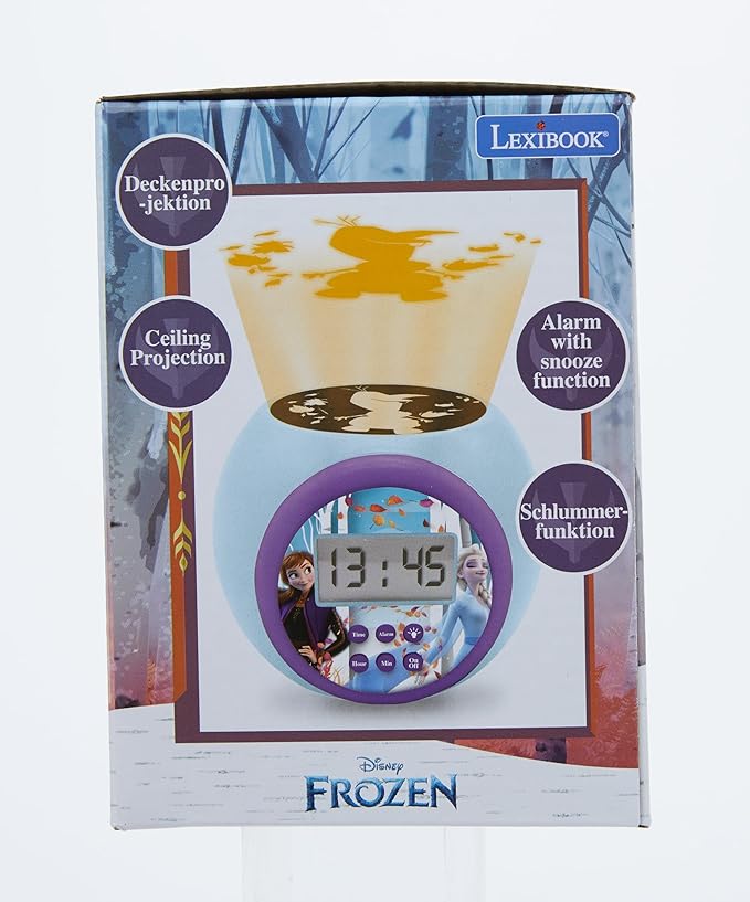 LEXIBOOK, Projector Clock Disney Frozen 2 Anna Elsa with Snooze Alarm Function, Night Light with Timer, LCD Screen, Battery Operated, Blue/Purple, RL977FZ