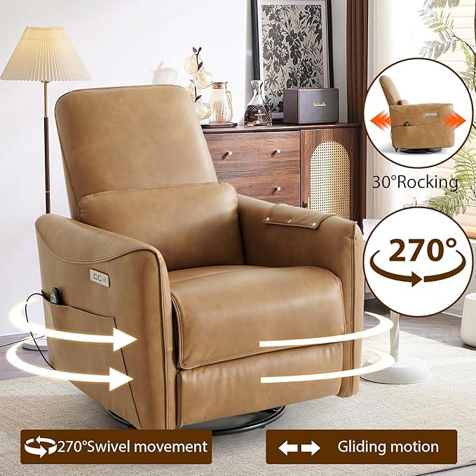 Swivel Glider Rocking Recliner, Power Recliner Chairs with Massage & Lumbar Support, Upholstered Faux Leather Reclining Sofa Chair for Living Room & Nursery (Brown)