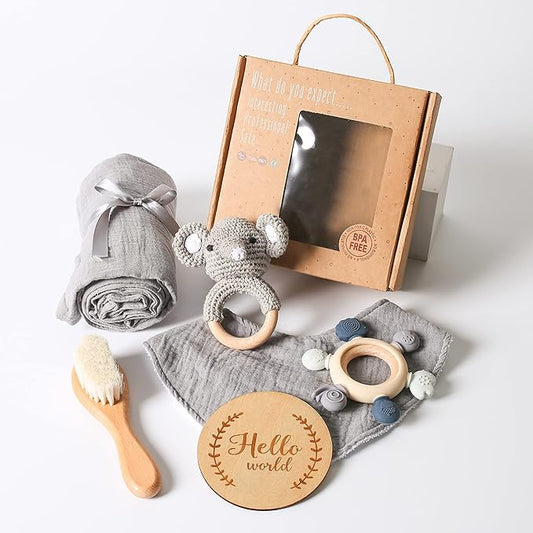 YOUUYS Baby Gift Set for Newborn - Baby Essential Bath Basket Gift Set with Baby Blanket Baby Rattle Teether Toy & Hair Brush Newborn Shower Gift for Baby Girls Boys 6PCS (Elephant)