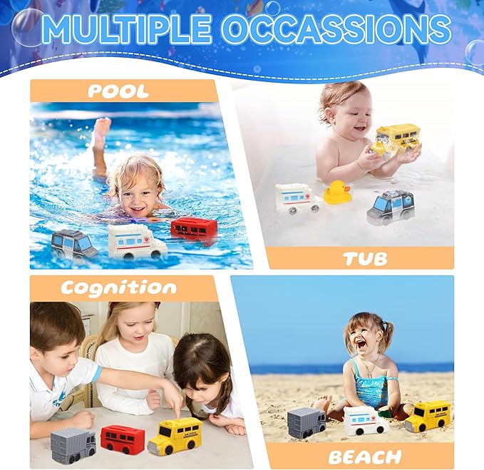 Mold Free Bath Toys, 6 Packs No Hole Baby & Toddler Bathtub Toys: Water Floating Vehicles Truck School Bus Car Toy, Sealed Soft Silicone Rubber Bath Toys for Kids ages 0+ (with Mesh Storage Organizer)