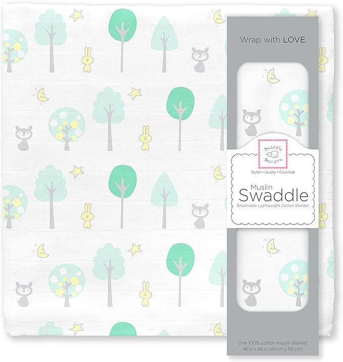 SwaddleDesigns Cotton Muslin Swaddle Blanket, Receiving Blanket for Boys & Girls, Best Shower Gift, 46x46 inches, Green Woodland