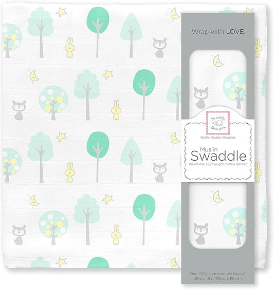 SwaddleDesigns Cotton Muslin Swaddle Blanket, Receiving Blanket for Boys & Girls, Best Shower Gift, 46x46 inches, Green Woodland