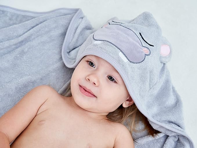 HIPHOP PANDA Hooded Towel - Rayon Made from Bamboo, Bath Towel with Bear Ears for Newborn, Babie, Toddler, Infant - Absorbent Large Baby Towel - Hippo, 37.5 x 37.5 Inch