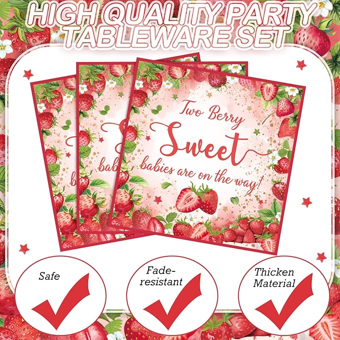 Zhehao 96 Pcs Twins Baby Shower Decorations Supplies Twins Cuties Baby Shower Tableware Set Eucalyptus Leaf Orange Strawberry Themed Plates Napkins Forks for 24 Guests (Strawberry)