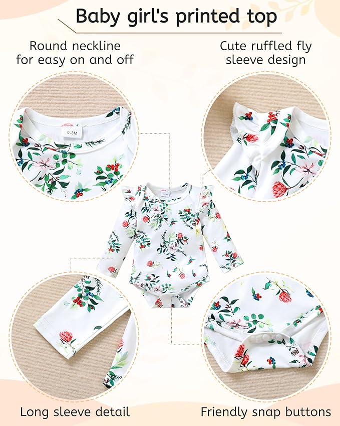 YALLET Baby Girl Clothes Newborn Infant Girl Outfits Floral Romper+Pants+Headband Fall Baby Layettes for Clothing 0-18 Months