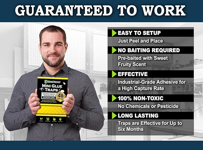 MaxGuard Mini Glue Traps (48 Traps) Non-Toxic Extra Sticky Glue Board Pre-Baited with Fruity Scent Attractant Trap & Kill Insects, Bugs, Spiders, Crickets, Scorpions, Cockroaches, Centipedes, Mice