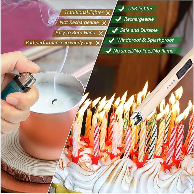Lighter Electric Candle Lighter Long Electronic Rechargeable USB Arc Windproof Flameless Lighters for Candle Camping BBQ Birthday Women's Day Gifts for Women Mom Wife Men, Gold