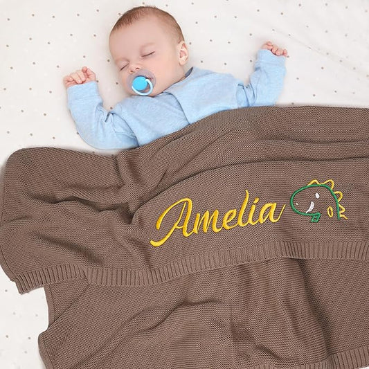 Personalized Baby Blanket with Embroidered Name, Custom Knit Blanket for Girls Boys, 30x40in Customized Baby Receiving Blankets, Personalized Christmas Birthday Baby Newborn Gifts (Brown)