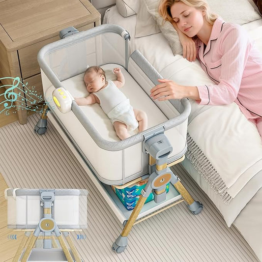 3 in 1 Baby Bassinet Bedside Sleeper, Rocking Bassinet for Baby with Wheels, Music Night Light, Storage Basket, Mattress, Adjustable Height, Portable Rocking Bedside Sleeper for Newborn Infant