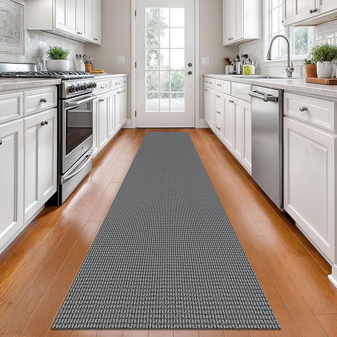 KOZYFLY Long Runners for Hallways 2x12 ft Washable Kitchen Runner Non Slip Rubber Backed Hallway Rugs Cotton Entryway Runner Rug Floor Carpet for Indoor Hall, Backdoor, Kitchen, Grey/Dark Grey