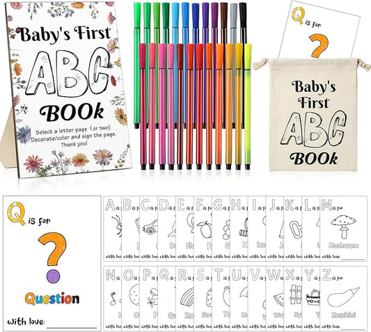 Geelin 51 Pcs Fun Baby Shower Game Activities First Abc Book Sign Coloring Game Card 26 Alphabet a to Z Coloring Card with 24 Watercolor Pen Storage Bag for Baby Shower Party(Wildflowers)