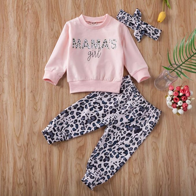 Madjtlqy Newborn Baby Girls Clothes Daddy Saying Top Printed T-Shirt Leopard Pants+Headband Sweatshirt Outfit Set
