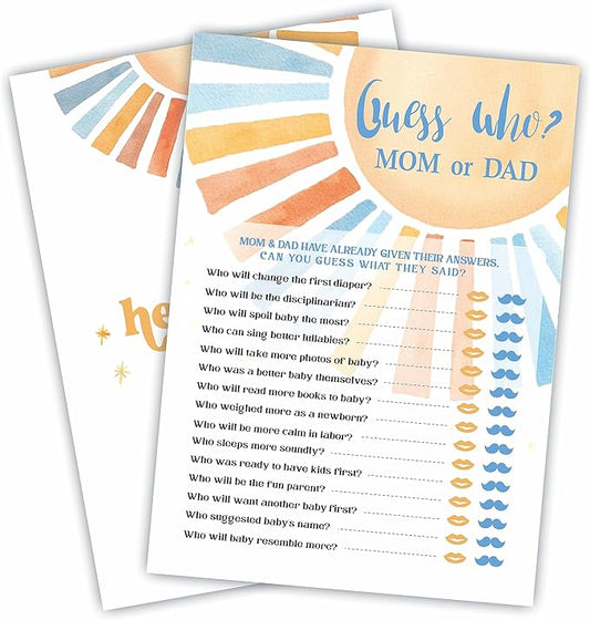 Guess Who? Mom Or Dad - Retro Sunshine Baby Shower Game Set - Watercolor Sunshine Theme Baby Shower Game Kit, Gender Reveal, Baby Announcement Party Favor & Supplies - A03