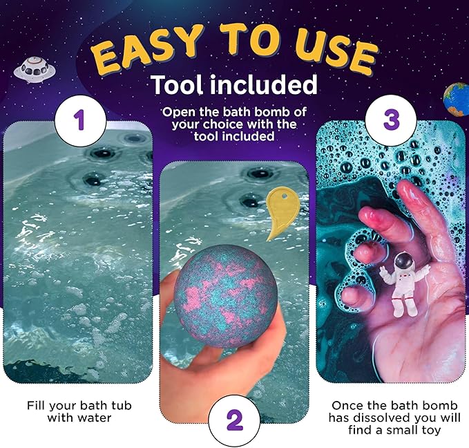 EvolutionUSA Space Bath Bombs for Boys & Girls, 6 Planet Bath Balls with Toy Hidden Inside, Organic Hypoallerganic Childrens Bathbombs, Cosmic Fun Space Surprise, Gift Set Birthday, Christmas, Easter
