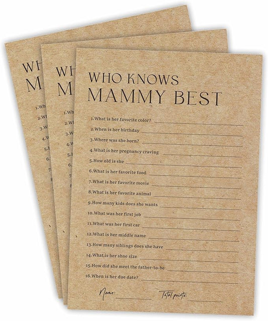 Baby Shower Game Card - Set of 30 Minimalism Kraft Paper Double Print - Who Knows Mommy Best Game Cards for Baby Boy Girl, Baby Announcements, Gender Reveal Games, Party Favors and Supplies - B05
