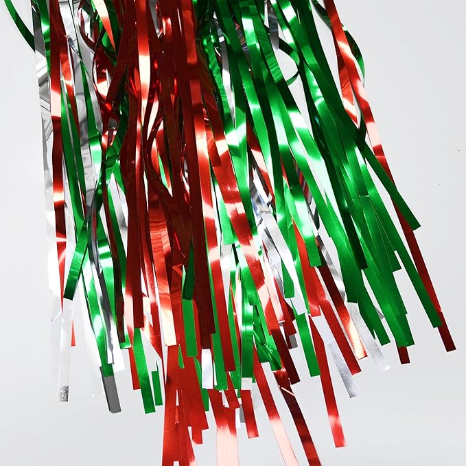BRAVESHINE 2 Pack Fringe Backdrop Red Silver Green Christmas Party Decorations 3.2 x 6.6 ft Tinsel Foil Curtain Party Streamer Metallic Photo Backdrop for Christmas, New Year Decor