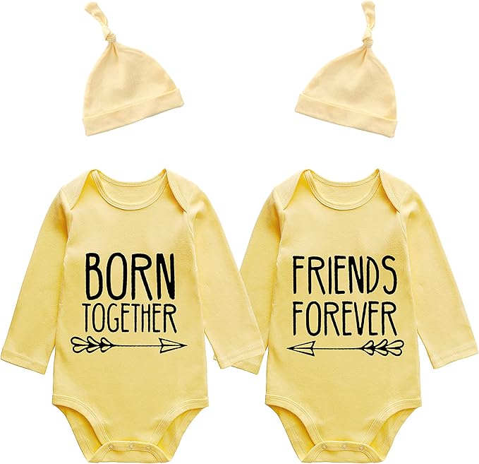 YSCULBUTOL Baby Twins Bodysuits Best Friends Forever Baby Clothes Set with Bibs Girl Outfit with hat