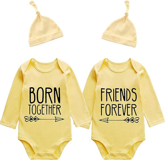 YSCULBUTOL Baby Twins Bodysuits Best Friends Forever Baby Clothes Set with Bibs Girl Outfit with hat