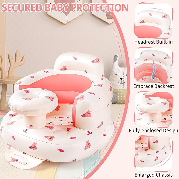 Inflatable Baby Seat for Babies 3-36 Months, Baby Chair with Tray & Built in Air Pump, Blow Up Floor Baby Seat with Back Support, Baby Chair Sit Me Up for Home, Travel (Bunny with Tray)
