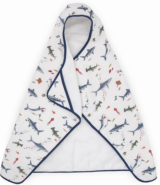 Little Unicorn Premium Hooded Bath Towel| Absorbent Cotton & Terry Blend | Larger Size, 1-6 Years (Shark)