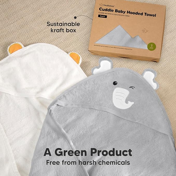 KeaBabies Hooded Baby Towel for Newborn - Viscose Derived from Bamboo Large Baby Bath Towels with Hood for Boys, Girls, Toddler, Extra Absorbent & Soft Newborn Bath Essentials (Elephant)