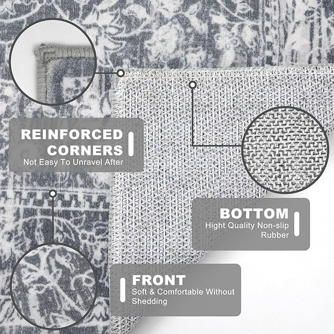 KILOCOCO Hallway Runner 2x5 Kitchen Runner Rug Printed Vintage Floral Washable Non-Slip Runners for Hallways Laundry Room Rugs Distressed Boho Rug Runners for Bedroom, Grey