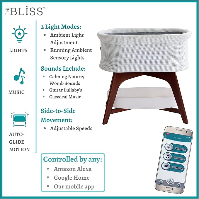 Evi Smart Baby Bassinet Beside Sleeper with Auto-Glide, Ambient Nightlight & Sensory Sounds, Compatible with Alexa and Google Home, Includes 2 Sheets (Soft White W/Natural Legs)