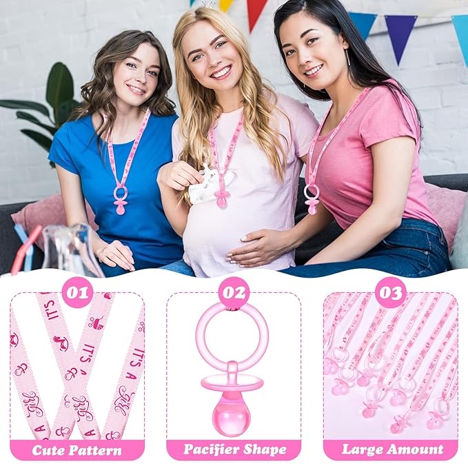 Chengu 100 Pcs Baby Shower Pacifiers Necklace, Acrylic Pacifiers Necklace Party Favors for Girls Boys Baby Shower Party Decorations Table Scatter(Pink)