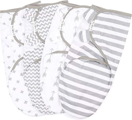 BaeBae Goods Swaddle Blanket, Adjustable Infant Baby Swaddling Wrap Set of 4, Baby Swaddling Wrap Blankets for Boys and Girls Made in Soft Cotton (Grey Arrows, 0-3 Months)