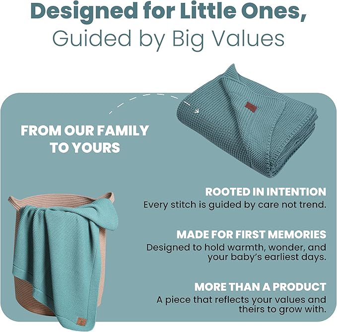 100% Organic Cotton Baby Knitted Blanket with Gift Box - Soft Toddler, Crib, Stroller Blanket - Neutral Swaddle and Receiving Blanket for Newborns, 30"x40", Smoke Blue