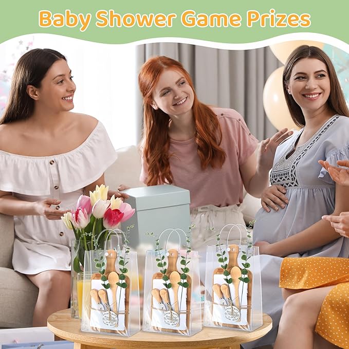 12 Sets Baby Shower Prizes for Game Winners Bamboo Cheese Board Spoon Fork Knives Towel Artificial Eucalyptus Stems Thank You Cards and Gift Bags for Baby Shower Wedding and Bridal Shower Favors