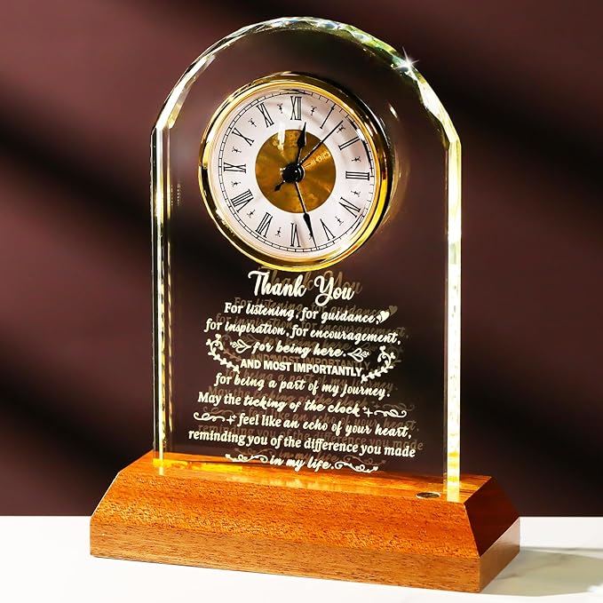 Thank You Gifts for Women Men, Appreciation Clock Gift for Coworkers Friends Teachers with Wooden Light Base, Inspirational Presents for Family Office Desk Clock Decor