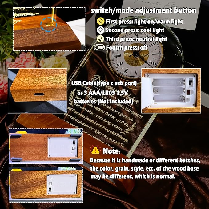 Difference Maker Glass Clock Gifts, Thank You Gift for Coworker Boss Mentor Leader Teachers Employee with Wooden Light Base, Crystal Difference Maker Plaque Appreciation Keepsake for Women Men