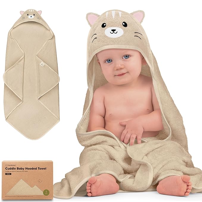 KeaBabies Hooded Baby Towel for Newborn - Viscose Derived from Bamboo Large Baby Bath Towels with Hood for Boys, Girls, Toddler, Extra Absorbent & Soft Newborn Bath Essentials (Cat)