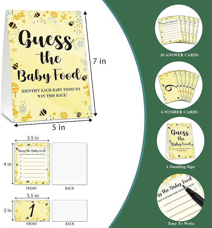 Baby Shower Game Set, Find The Baby Food Party Games(1 Standing Sign + 20 Answer Cards + 6 Number Cards), Bumble Bee Shower Games, Honey Honeycomb Gender Reveal Party Favor Decor(A07)