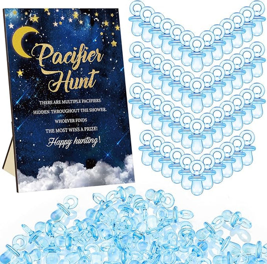 Thyle 51 Pcs Pacifier Hunt Baby Shower Games Include Hunt Sign and 50 Acrylic Pacifiers for Baby Shower Game Decoration Gift Sets Gender Reveal Party Decor(over the Moon)